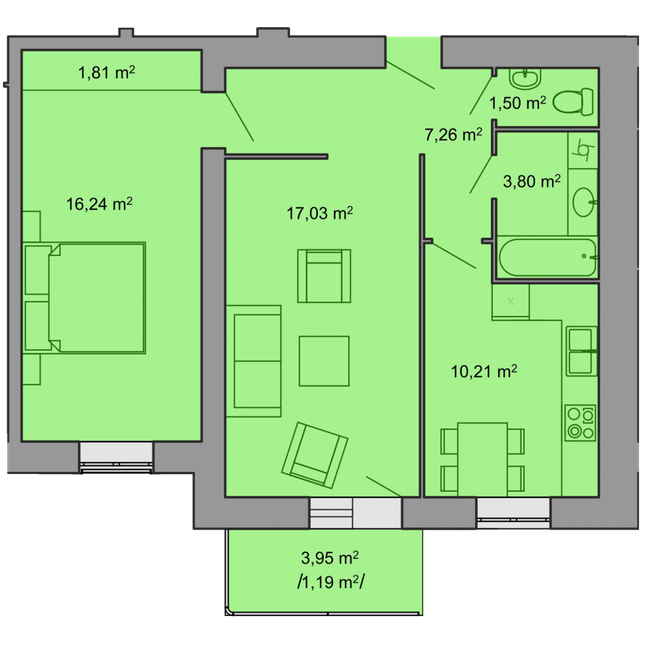 2-комнатная 59 м² в ЖК Комфорт Таун плюс от застройщика, с. Петриков