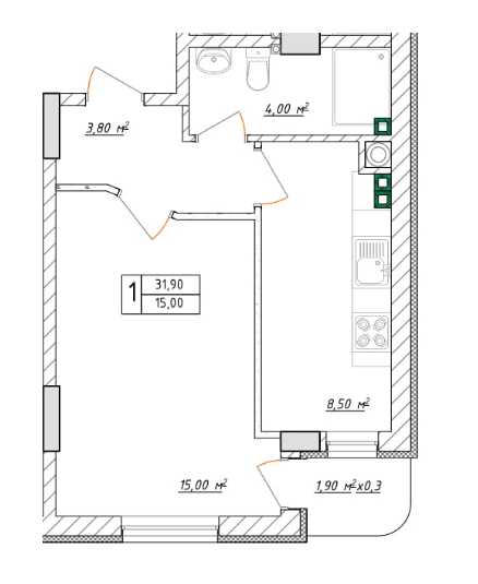 1-кімнатна 31.9 м² в ЖК Будинок на Малонова від 39 000 грн/м², Одеса