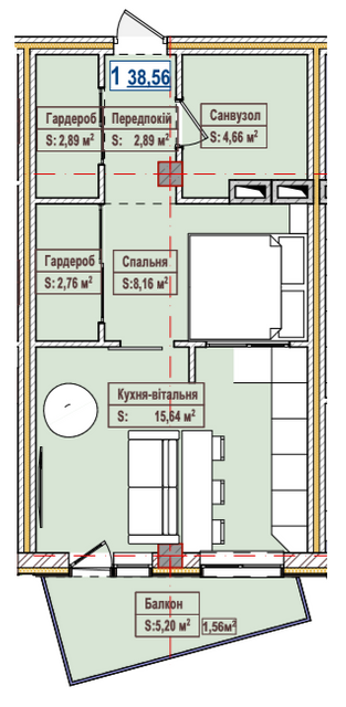 1-комнатная 38.56 м² в ЖК Александровск от застройщика, Запорожье