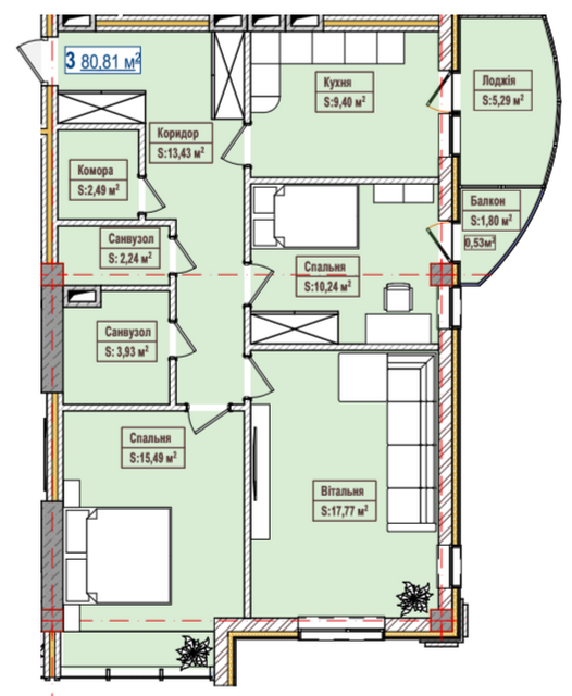 3-кімнатна 80.81 м² в ЖК Олександрівськ від забудовника, Запоріжжя