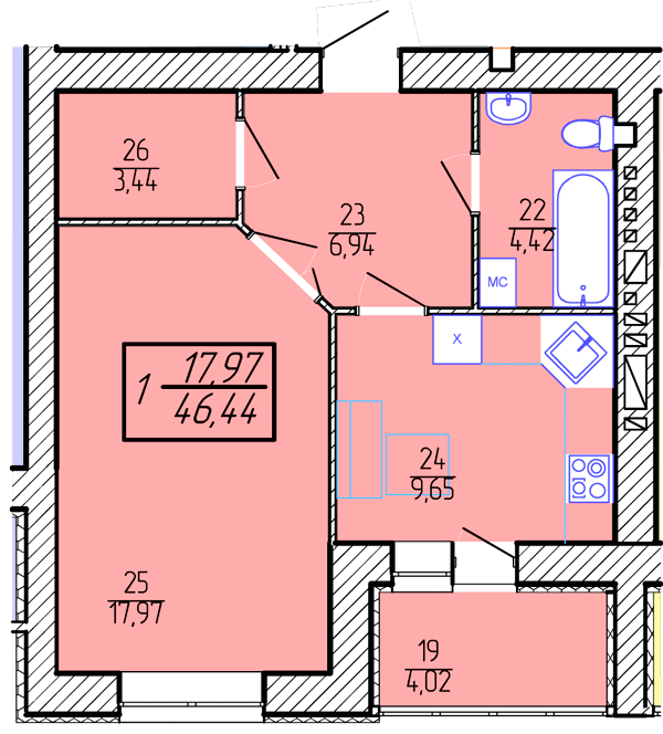 1-кімнатна 46.44 м² в ЖК Приозерний від 10 300 грн/м², Хмельницький