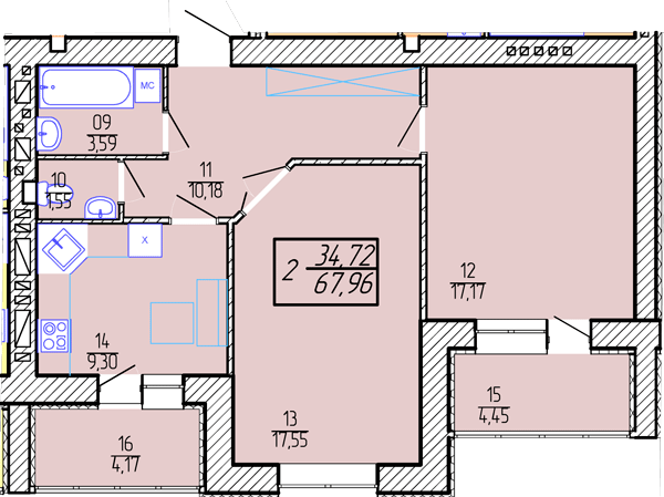 2-комнатная 67.98 м² в ЖК Приозерный от 10 300 грн/м², Хмельницкий