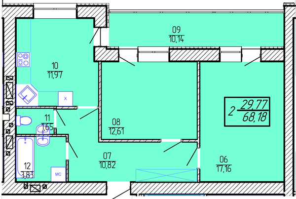 2-комнатная 68.18 м² в ЖК Приозерный от 10 300 грн/м², Хмельницкий