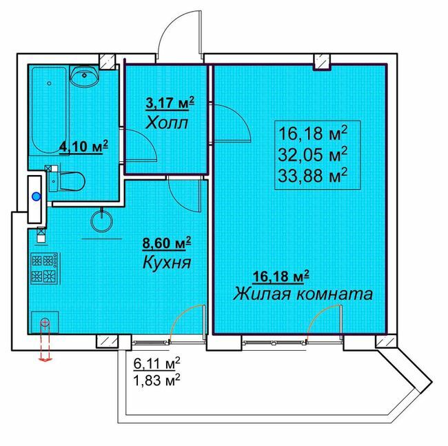1-комнатная 33.88 м² в ЖК Мариинский от застройщика, пгт Великодолинское