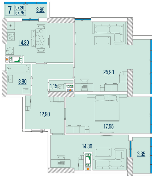 3-кімнатна 97.2 м² в ЖК Бульвар Акацій від 22 300 грн/м², Одеса