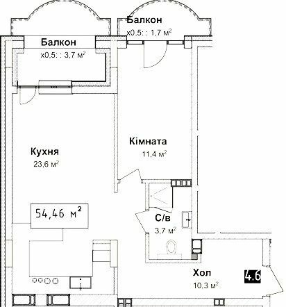 1-комнатная 54.46 м² в КД Воронцовский от застройщика, Одесса