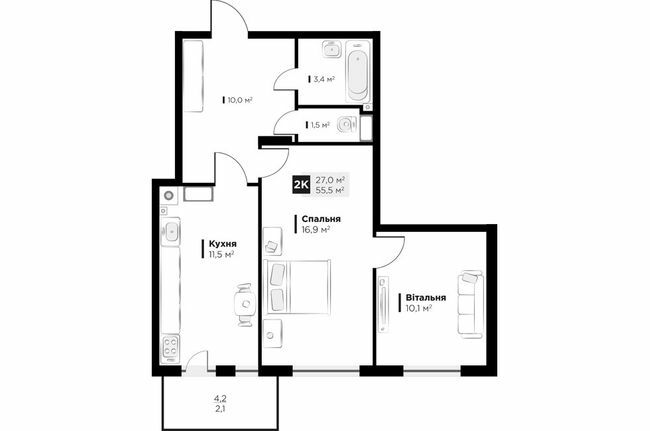 2-кімнатна 55.5 м² в ЖК OBRIY3 від 19 100 грн/м², Львів