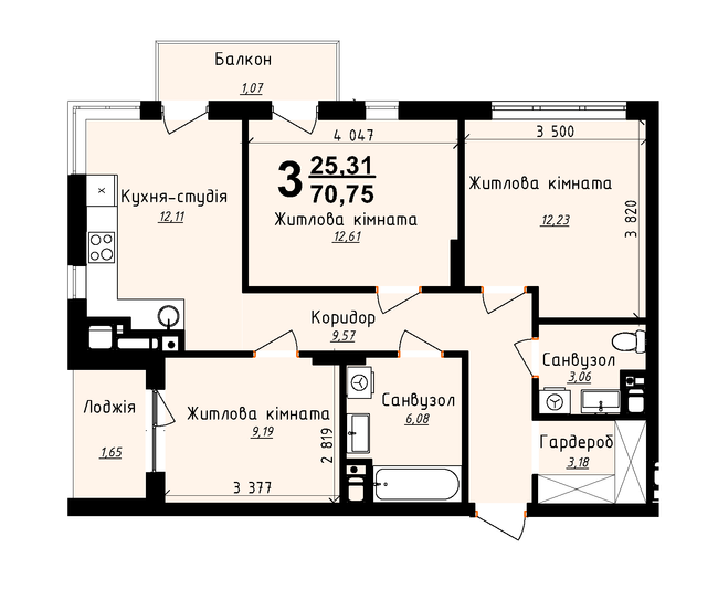 3-кімнатна 70.75 м² в ЖК Plus 2 від забудовника, Львів