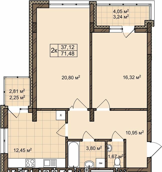 2-кімнатна 71.48 м² в ЖК вул. Пасічна, 25А від 36 700 грн/м², Львів
