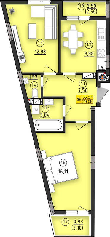 2-комнатная 55.37 м² в ЖК ул. Длинная, 30А от застройщика, Львов