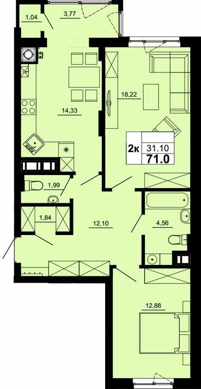 2-комнатная 71 м² в ЖК Новый от застройщика, Львов