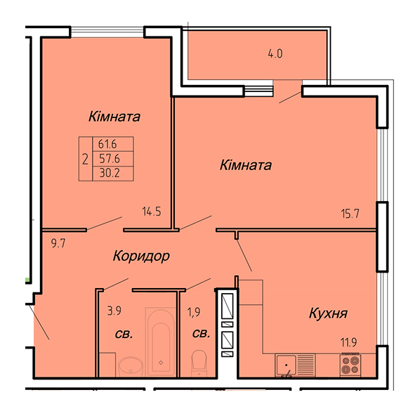 2-кімнатна 61.6 м² в ЖК Atlanta Tower від 16 450 грн/м², Тернопіль