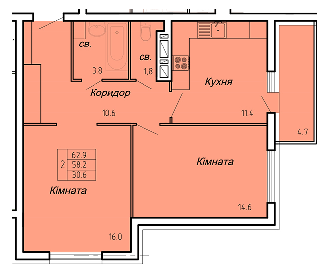 2-кімнатна 62.9 м² в ЖК Atlanta Tower від 16 450 грн/м², Тернопіль