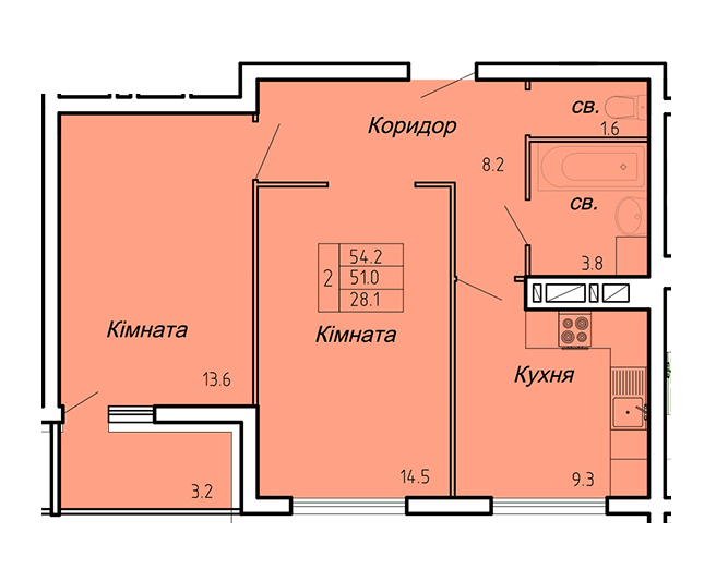 2-кімнатна 54.2 м² в ЖК Atlanta Tower від 16 450 грн/м², Тернопіль