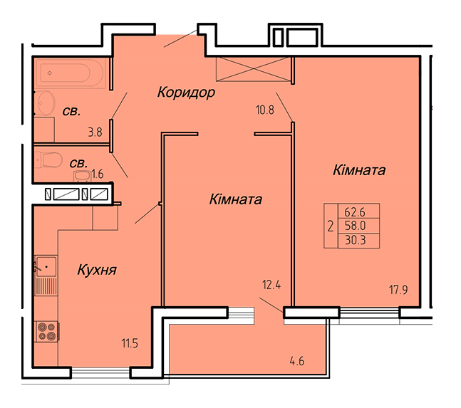2-кімнатна 62.6 м² в ЖК Atlanta Tower від 16 450 грн/м², Тернопіль