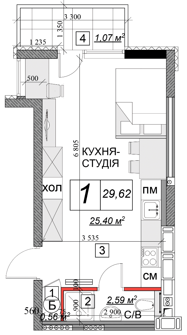 1-кімнатна 29.62 м² в ЖК Якісне житло від 11 400 грн/м², м. Кам`янець-Подільський