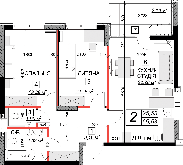 2-комнатная 65.53 м² в ЖК Качественное жилье от 10 900 грн/м², г. Каменец-Подольский