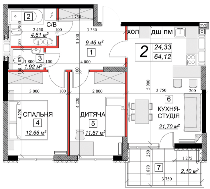 2-комнатная 64.12 м² в ЖК Качественное жилье от 9 600 грн/м², г. Каменец-Подольский