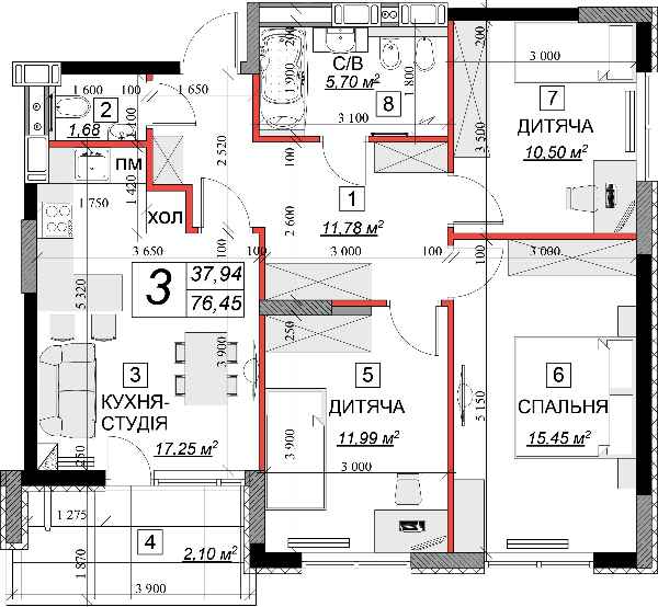 3-кімнатна 76.45 м² в ЖК Якісне житло від 10 900 грн/м², м. Кам`янець-Подільський