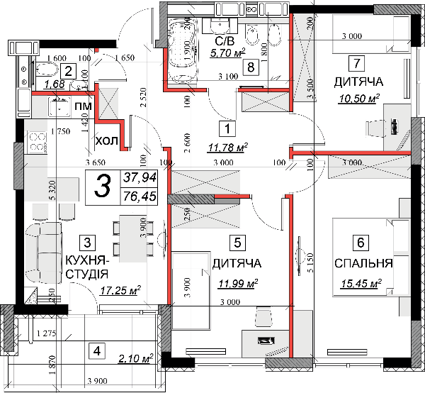 3-комнатная 76.45 м² в ЖК Качественное жилье от 10 900 грн/м², г. Каменец-Подольский