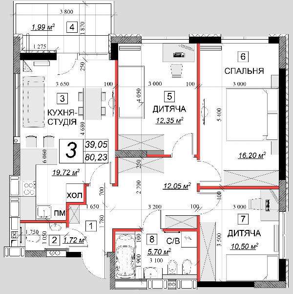 3-кімнатна 80.23 м² в ЖК Якісне житло від 9 900 грн/м², м. Кам`янець-Подільський