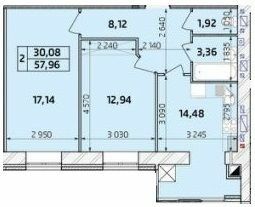 2-комнатная 57.96 м² в ЖК Масаны от застройщика, Чернигов