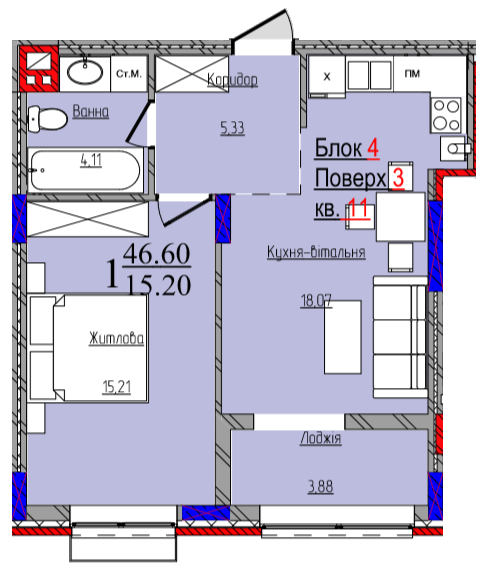 1-кімнатна 46.6 м² в ЖК Compass від 24 300 грн/м², Чернівці