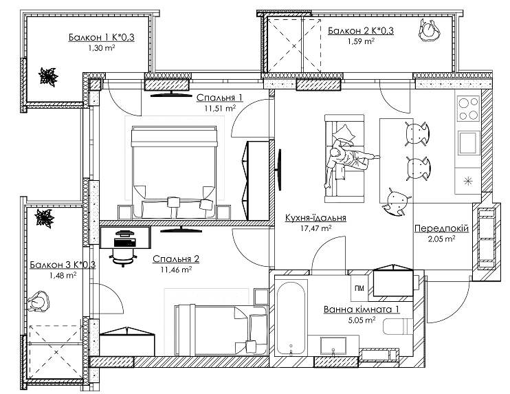 2-кімнатна 51.91 м² в ЖК BOSTON Creative House від 38 632 грн/м², Київ