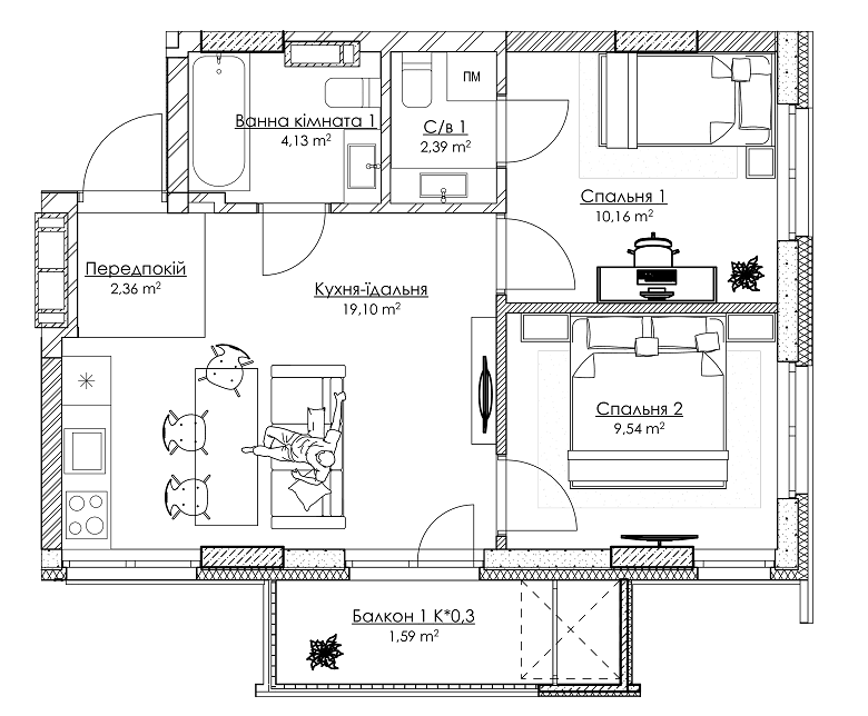 2-кімнатна 49.27 м² в ЖК BOSTON Creative House від 38 632 грн/м², Київ