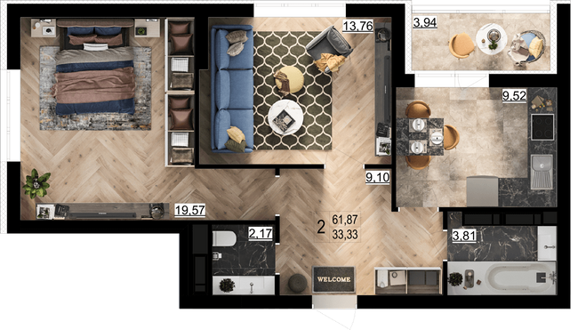 2-комнатная 62.87 м² в ЖК Парковый квартал «Город цветов» от 22 100 грн/м², Киев