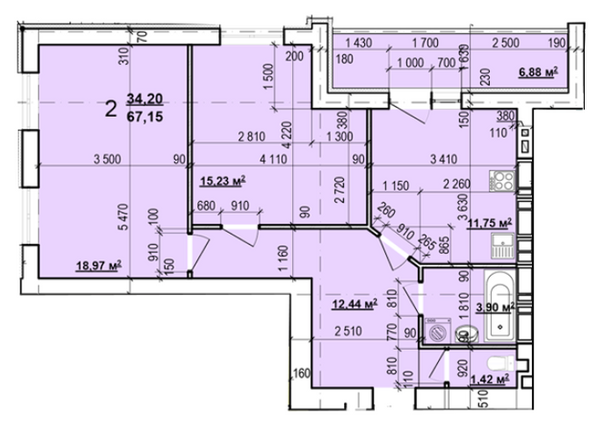 2-комнатная 67.15 м² в ЖК Мира-2 от застройщика, Харьков