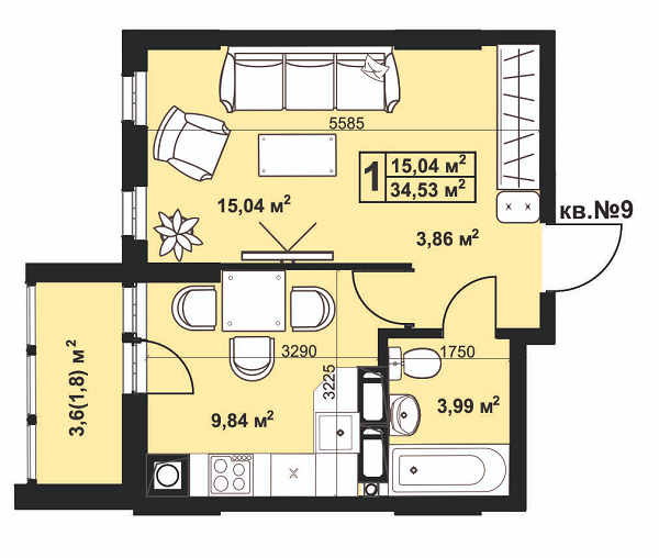 1-кімнатна 34.53 м² в ЖК Андріївський від 14 800 грн/м², м. Прилуки