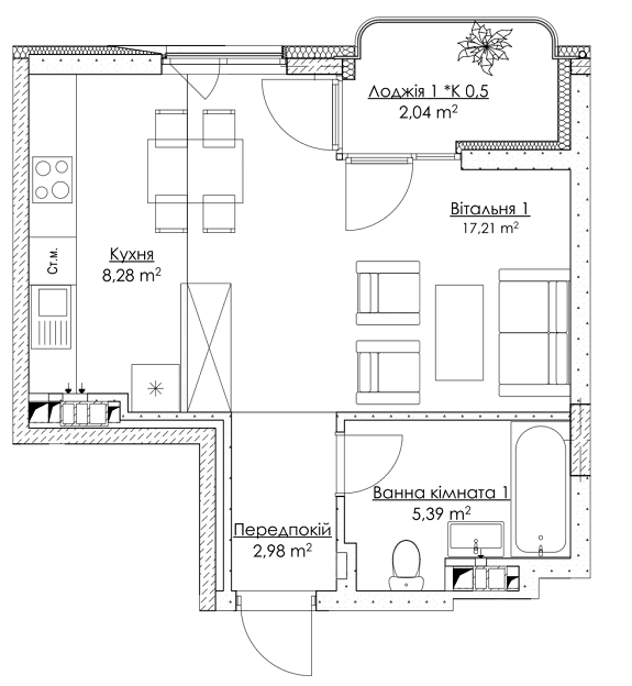 1-кімнатна 35.9 м² в ЖК O2 Residence від 22 723 грн/м², Київ