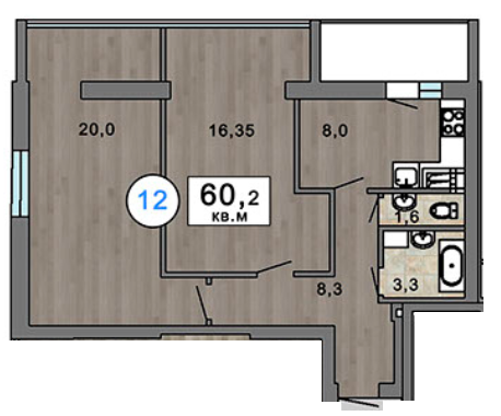 2-комнатная 60.2 м² в ЖК Клубный 7 от 23 300 грн/м², Одесса