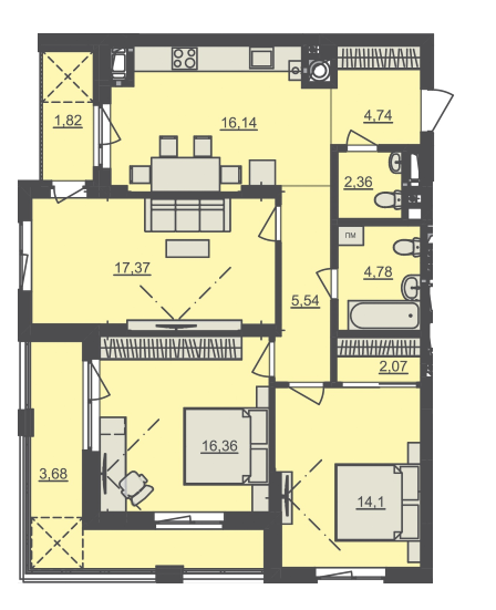 3-кімнатна 88.96 м² в ЖК Семицвіт від 31 850 грн/м², Львів