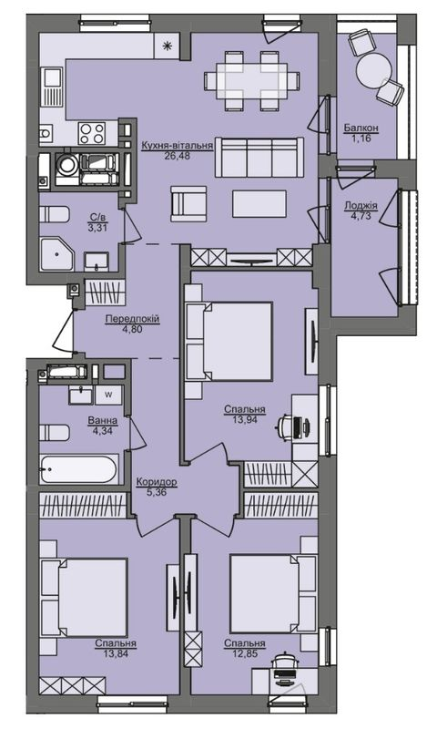 3-кімнатна 90.81 м² в ЖК Семицвіт від 25 950 грн/м², Львів