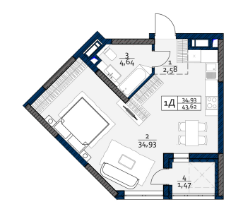 1-кімнатна 43.62 м² в ЖК POLARIS Home&Plaza від 39 928 грн/м², Київ