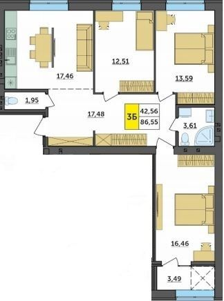 3-комнатная 86.55 м² в ЖК Амстердам от 18 500 грн/м², с. Струмовка