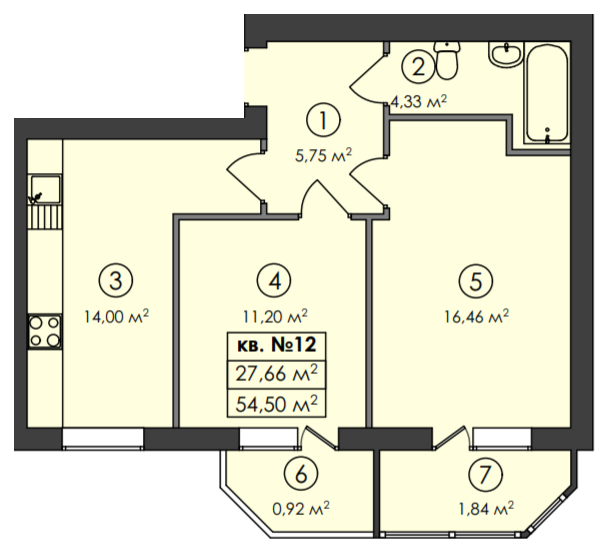 2-комнатная 54.5 м² в ЖК Family-2 от 26 550 грн/м², с. Гатное