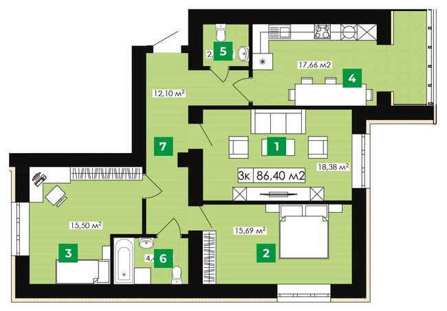 3-комнатная 86.4 м² в ЖК Парковый от 13 300 грн/м², Ивано-Франковск