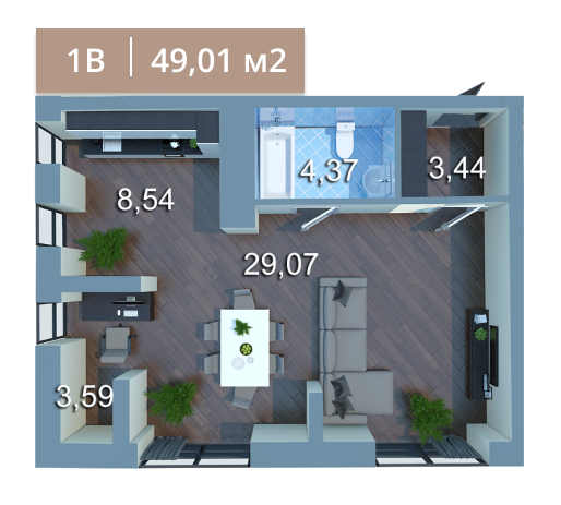 1-комнатная 49.01 м² в ЖК Вежа на Ломоносова от 26 115 грн/м², Киев