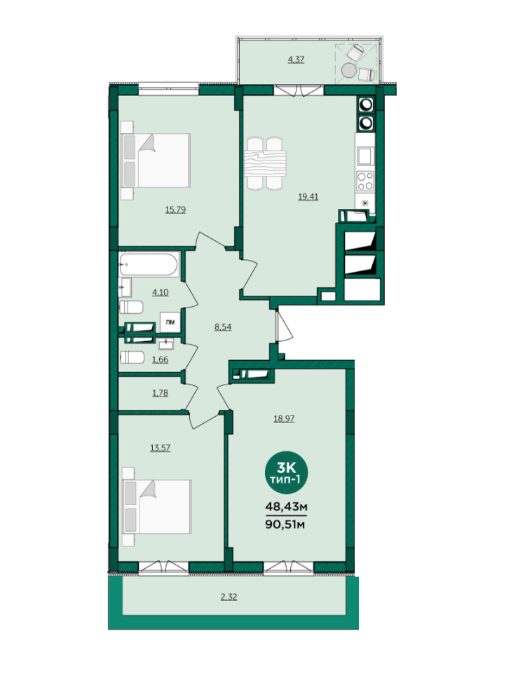 3-кімнатна 90.51 м² в ЖК Wellspring від 17 050 грн/м², м. Вишневе