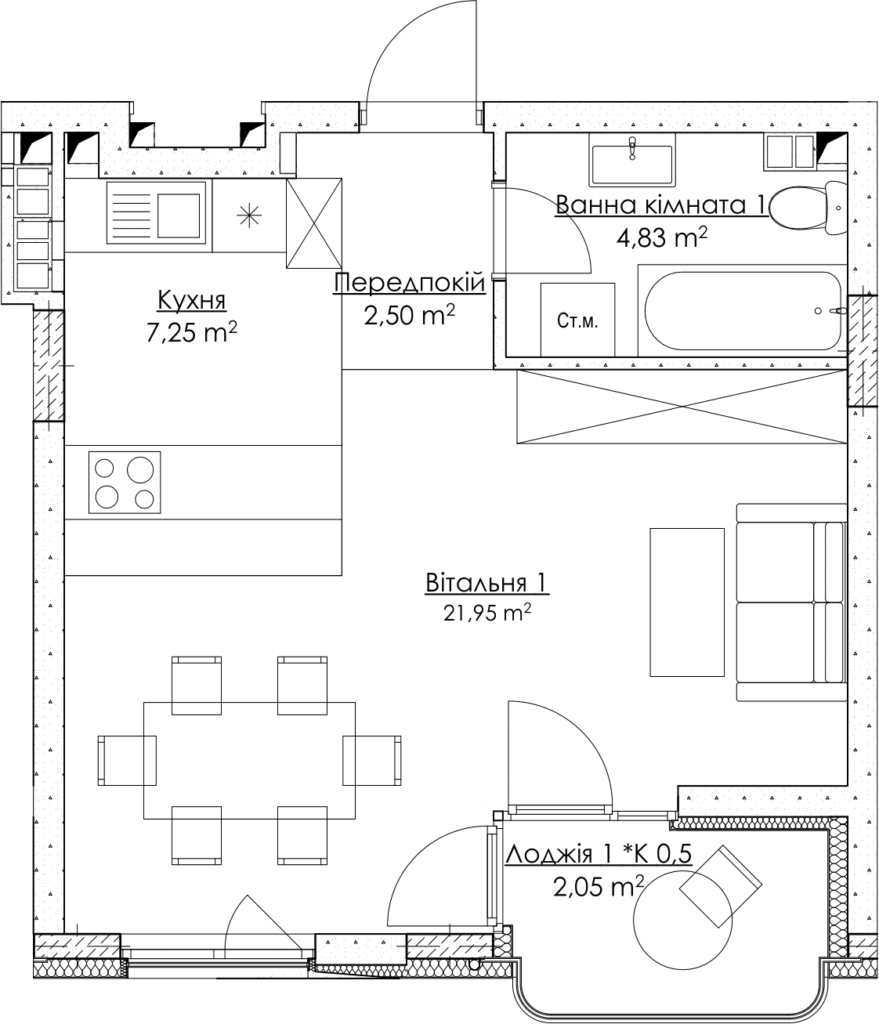 1-комнатная 38.58 м² в ЖК O2 Residence от 32 307 грн/м², Киев