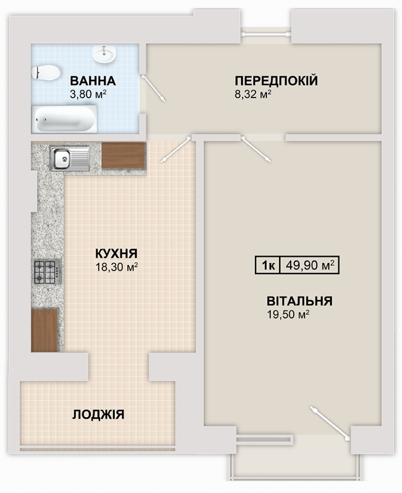 1-кімнатна 49.9 м² в ЖК Містечко Козацьке від 12 300 грн/м², Івано-Франківськ