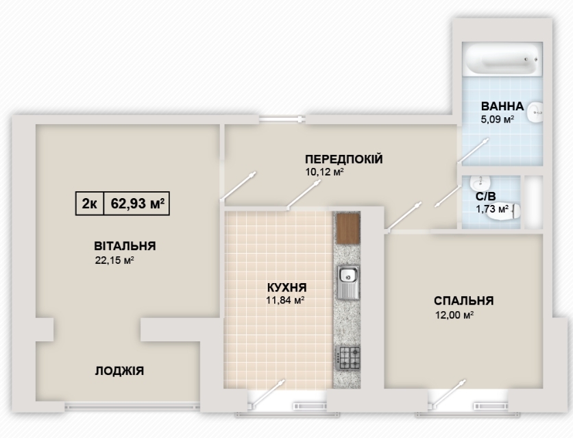 2-комнатная 62.93 м² в ЖК Містечко Козацьке от 12 300 грн/м², Ивано-Франковск