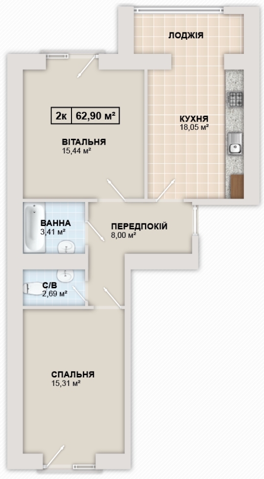 2-комнатная 62.93 м² в ЖК Містечко Козацьке от 12 300 грн/м², Ивано-Франковск