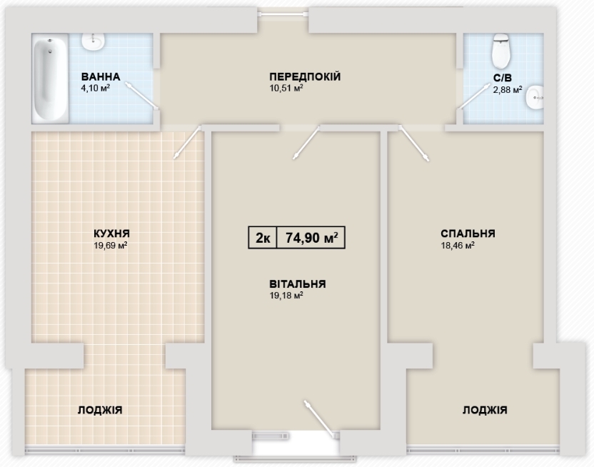 2-кімнатна 74 м² в ЖК Містечко Козацьке від 12 300 грн/м², Івано-Франківськ