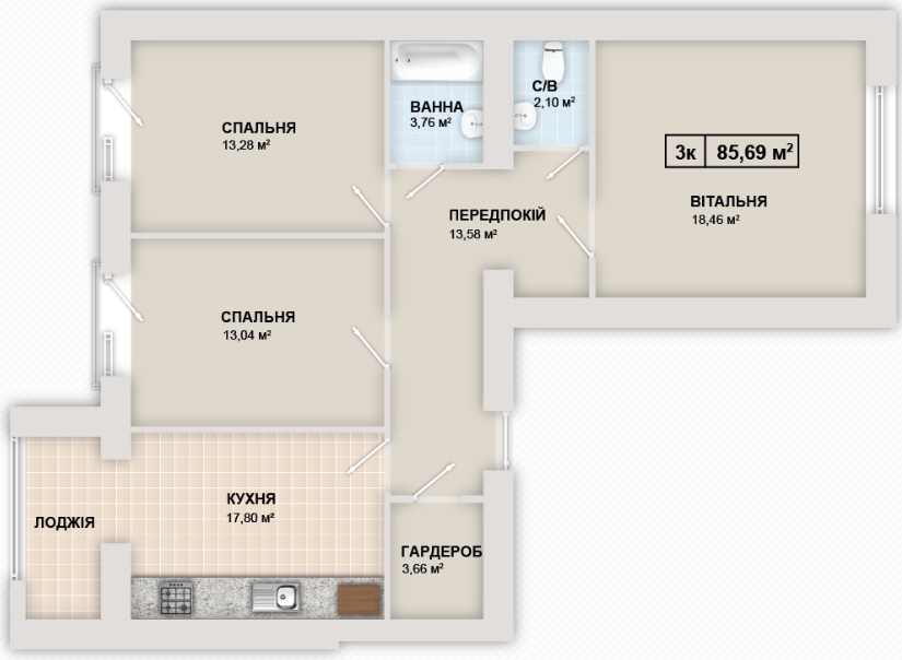 3-комнатная 85.7 м² в ЖК Містечко Козацьке от 12 300 грн/м², Ивано-Франковск