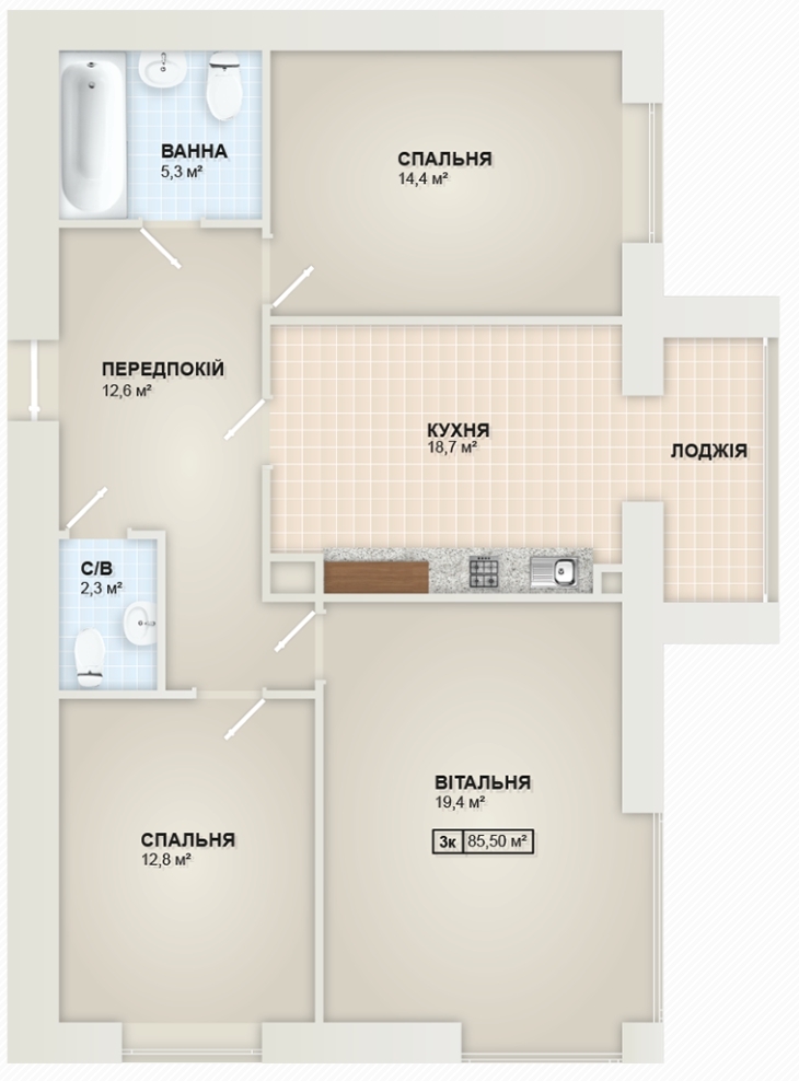 3-кімнатна 85.5 м² в ЖК Містечко Козацьке від 12 300 грн/м², Івано-Франківськ