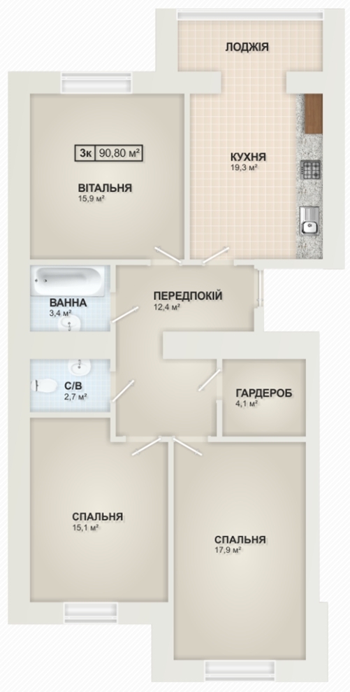3-кімнатна 90.5 м² в ЖК Містечко Козацьке від 12 300 грн/м², Івано-Франківськ